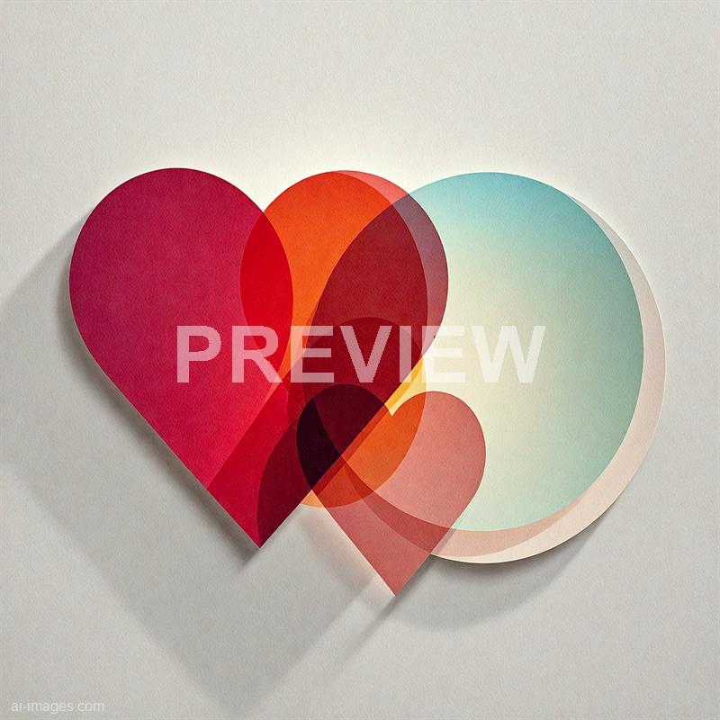 The image features a modern, abstract artwork composed of overlapping paper hearts in various shades of red, orange, yellow, and aqua, arranged on a light, textured background. The hearts are layered in a way that creates a sense of depth and dimension, with shadows cast by the paper edges adding to the visual interest. The overall composition combines warm and cool tones, giving it a vibrant yet harmonious appearance.